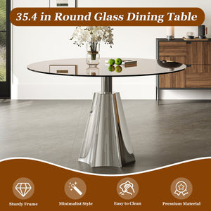 English Elm Compact Round Pedestal Dining Table Black Tempered Glass Mid-century Silver Base W2700S00080