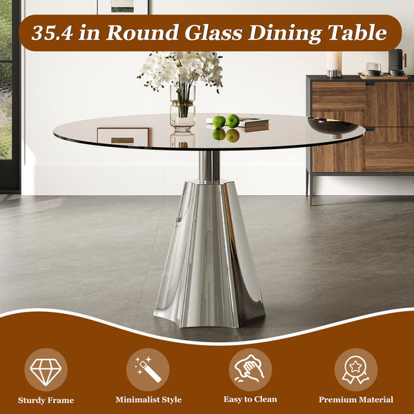 English Elm Compact Round Pedestal Dining Table Black Tempered Glass Mid-century Silver Base W2700S00080
