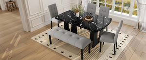 English Elm 6 Piece Dining Set with Rectangular Solid Wood Table, Upholstered Chairs & Bench, Rustic Charm, Easy Assembly, Seats 6 Black+ Gray N752S000011B