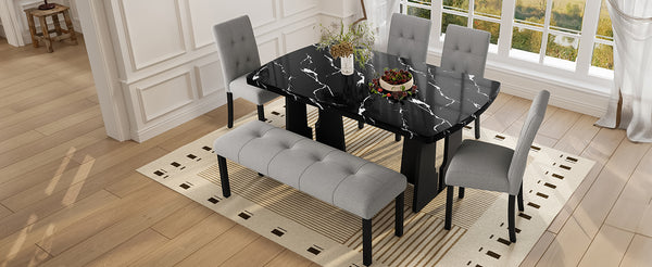 English Elm 6 Piece Dining Set with Rectangular Solid Wood Table, Upholstered Chairs & Bench, Rustic Charm, Easy Assembly, Seats 6 Black+ Gray N752S000011B