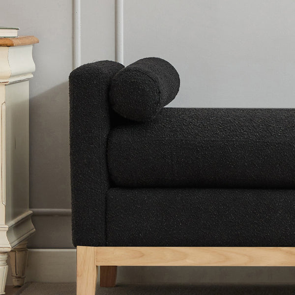English Elm 66.34"W Elegant Upholstered Bench & Daybed, Soft Black Boucle, Natural Wood Legs & Bolster Pillows W3188S00019