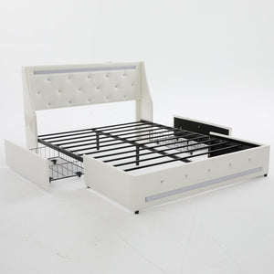 English Elm Queen Platform Bed Wingback Diamond Quilted Headboard Led Lighting Storage Drawers White W5722P462686