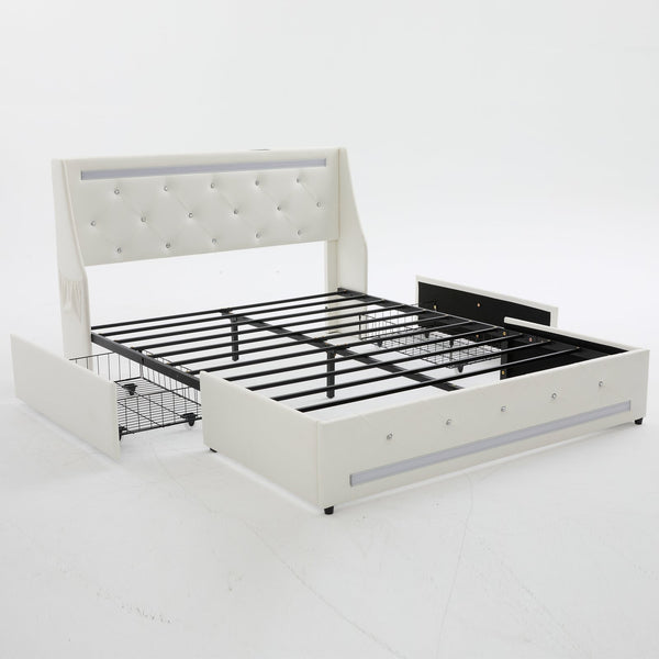 English Elm Queen Platform Bed Wingback Diamond Quilted Headboard Led Lighting Storage Drawers White W5722P462686