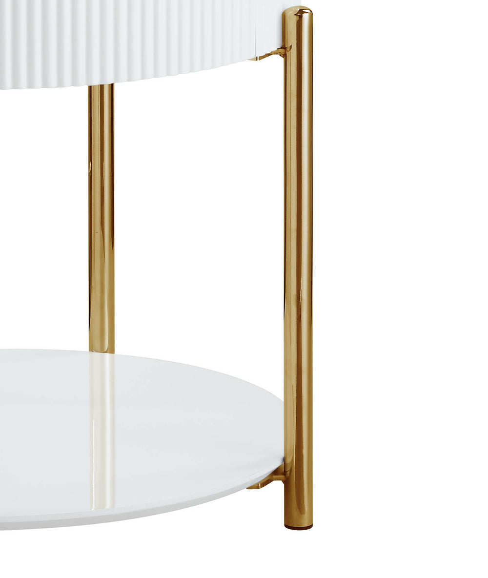 English Elm White White High Gloss and Gold End Table with Drawer and Shelf, 24" Chic Accent Nightstand for Stylish Storage B062P209067