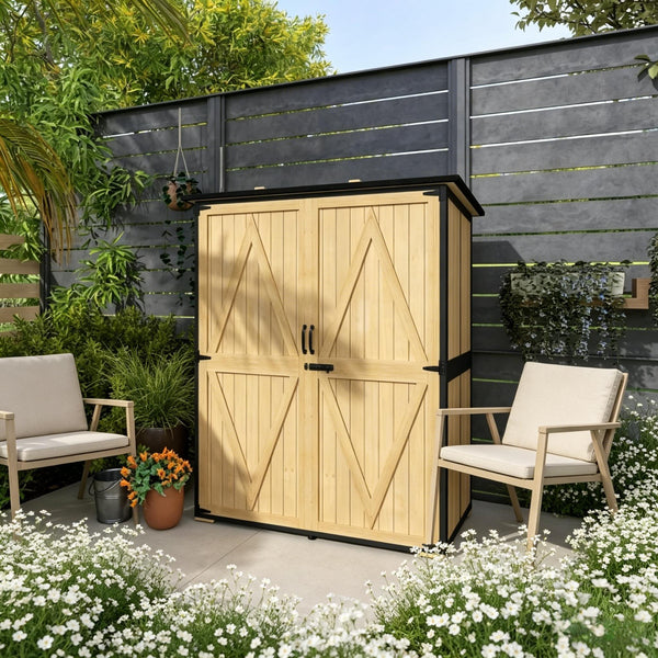 English Elm Modern Fir Wood Outdoor Storage Shed with Steel Frame Asphalt Roof and Ventilated Door Black,Natural Wood T3971S00244