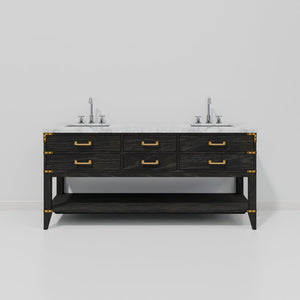 English Elm Black Oak Double Bath Vanity With Carrara Marble Top & Chrome Faucet Set - Stylish Storage Solution! B2731P261049