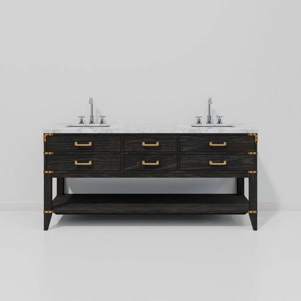 English Elm Black Oak Double Bath Vanity With Carrara Marble Top & Chrome Faucet Set - Stylish Storage Solution! B2731P261049