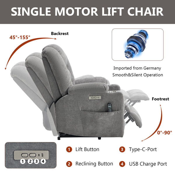 English Elm Emon's Overstuffed Chenille Power Lift Recliner with Massage Heat and Charging Ports Light Gray W1803S00091