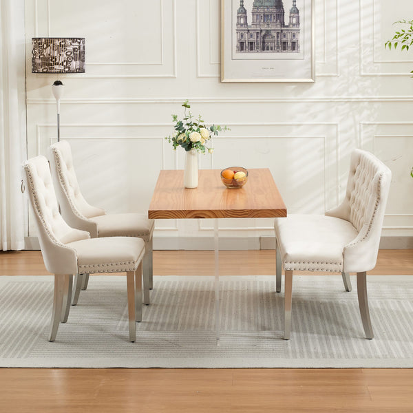 English Elm Velvet Wingback Dining Bench Tufted Two Seat Mid Century Modern Brushed Steel Base Beige W1143P406980