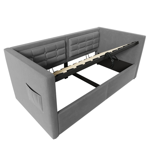 English Elm Upholstered Twin Daybed with Hydraulic Storage, Velvet Tufted Sofa Back, USB & Type-C Charging Port Gray N736P303402G