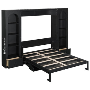 English Elm Queen Murphy Platform Bed with Foldaway Cabinet, Built-In LED, Side Cabinets & Drawers for Small Spaces Black N7090002226B