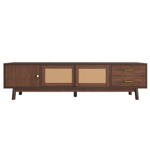 English Elm Mid Century Modern TV Stand with Rattan Sliding Doors, Solid Wood Legs, Drawers & Waterproof Top N710P257617P
