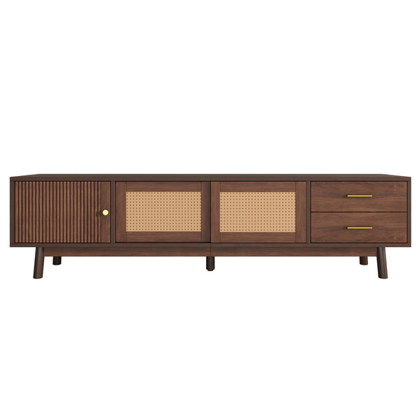 English Elm Mid Century Modern TV Stand with Rattan Sliding Doors, Solid Wood Legs, Drawers & Waterproof Top N710P257617P