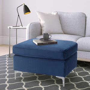 English Elm Blue Plush Rectangle Ottoman with Pocket Coil Support, Faux Fur Throw Pillows & Metal Legs for Durable Comfort B062P185661