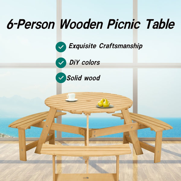 English Elm Outdoor 6 Person Round Picnic Table Set With 3 Benches, Umbrella Hole, Durable Design For Patios W2275P149762-GIGA