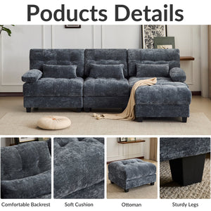 English Elm Ottoman and Chenille Sofa Set with Adjustable Backrest for Relaxed Living Room Comfort Blue W2606P359226