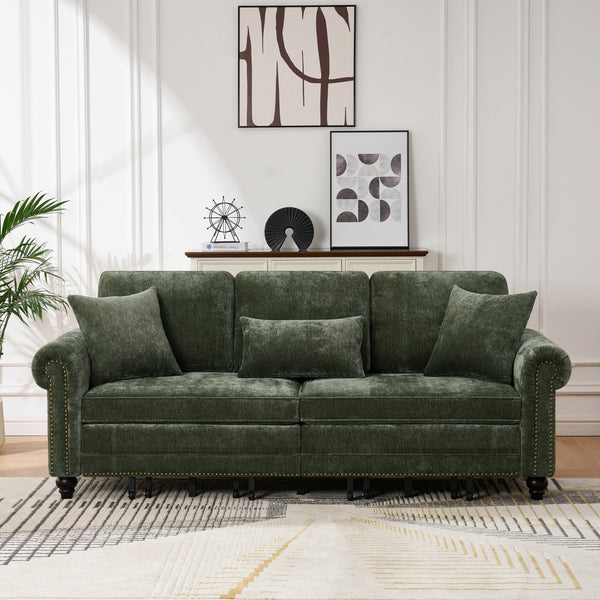 English Elm 86" Chenille Sleeper Sofa with Nailhead Rolled Arms Three Seat Convertible for Any Room Green W3373S00088