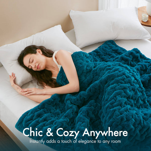 JLA Home Madison Park - Throw Luxurious Ruched Faux Fur Throw with Plush Faux Mink Reverse, Machine Washable, OEKO‑TEX Certified Teal MP50-3093