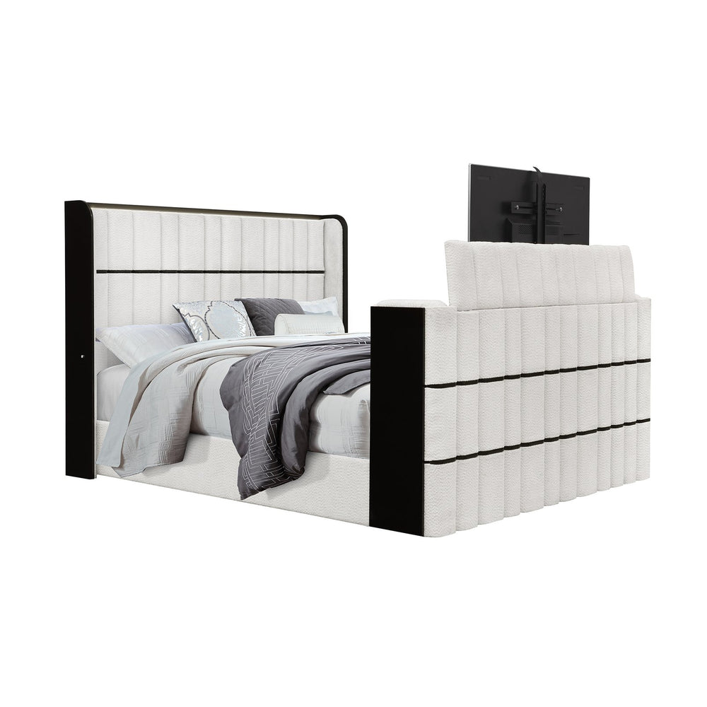 English Elm Isaiah White and Black 5PC Bedroom Set with Built‑In 50" TV Lift, LED Lights, Speakers & Fireplace Queen B201S00409