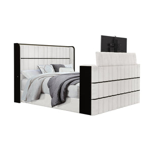 English Elm Isaiah White and Black 5PC Bedroom Set with Built‑In 50" TV Lift, LED Lights, Speakers & Fireplace King B201S00408
