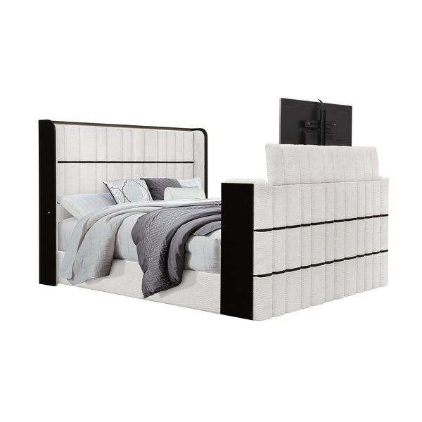 English Elm Isaiah White and Black 5PC Bedroom Set with Built‑In 50" TV Lift, LED Lights, Speakers & Fireplace King B201S00408