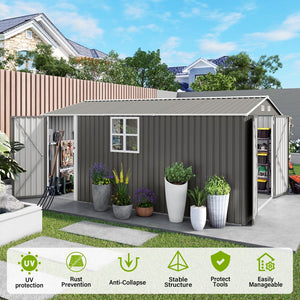 English Elm 10x14 Ft Galvanized Steel Outdoor Storage Shed with Lockable Doors and Vented Window W3213S00005