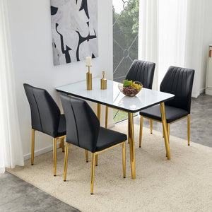 English Elm Table and Chair Set Marble Glass Top Gold Legs Modern 5 Piece Dining for Small Spaces Black,White+Gold W1151S04652