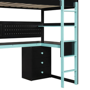 English Elm Full Size Gaming Loft Bed with Led Lighting Desk Shelves and Usb Charging Ports N820S00070C