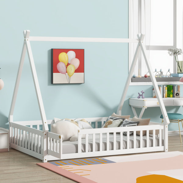 English Elm Full Size Tent-Shaped Floor Bed In White - Rubberwood Frame With Guardrails, Slats & Cozy Door W504P345787