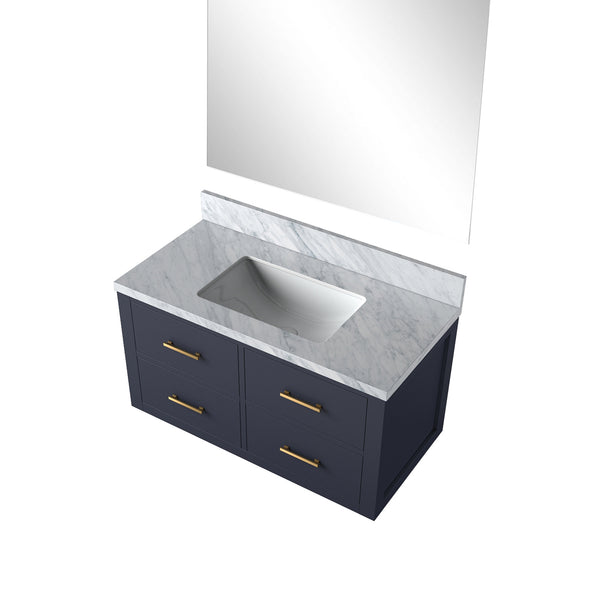 English Elm Blue Single Bath Vanity with Carrara Marble Top, Soft-Close Drawers & 34" Frameless Mirror, 36" B2731S01434