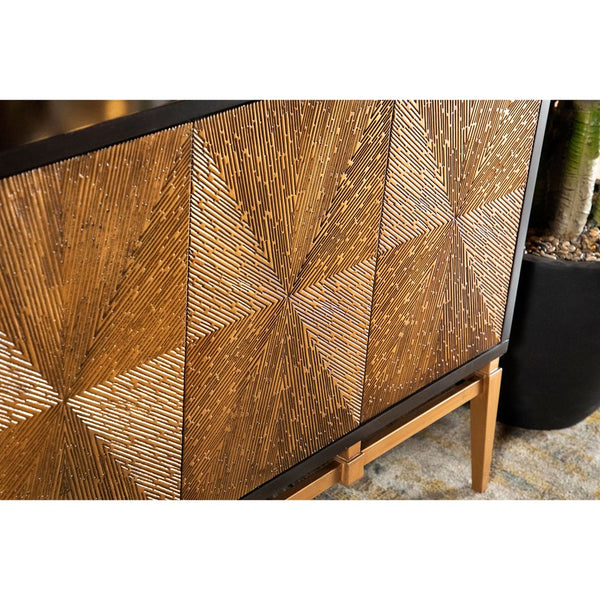 English Elm Capri Brown & Antique Gold Two-Tone 4-Door Accent Cabinet — Elegant Storage, Spacious Concealed Design B062P328616