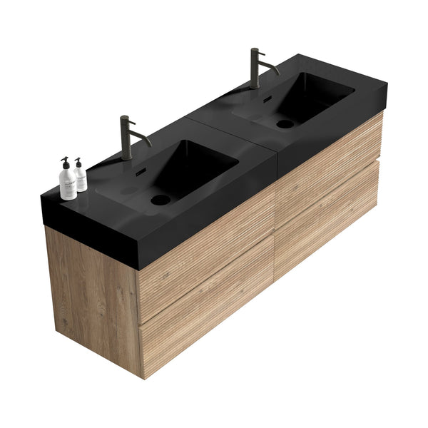 English Elm Grace 60" Bathroom Vanity Wall-Mounted Floating Mid-Century Modern Walnut Grille, Quiet Soft-Close Drawers and One-Piece White Basin (ECO) Black+Brown W1865S00168