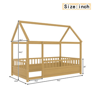 English Elm Twin House Frame Floor Bed with 20" High Fence, Solid Pine Roof, Sturdy 48x48mm Frame for Safety and Fun W1858P310084