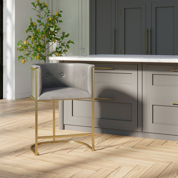 English Elm 26" Counter Stool Tufted Faux Leather Seat with Brass Metal Base for Kitchen Islands Gray Pu B2751P436484