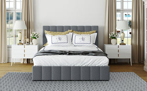 English Elm Queen Linen Upholstered Platform Bed with Hydraulic Lift Storage and Padded Headboard N708P201552E