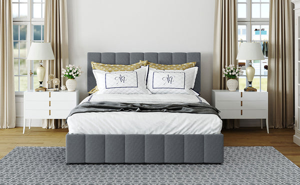 English Elm Queen Linen Upholstered Platform Bed with Hydraulic Lift Storage and Padded Headboard N708P201552E