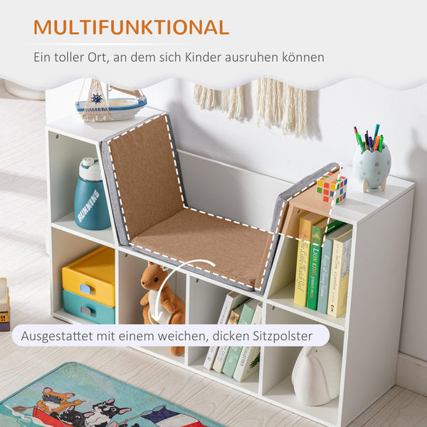 English Elm HOMCOM Kids 6-Cubby Bookcase with Padded Reading Nook, White Storage Bench for Toys & Books W2225P249823