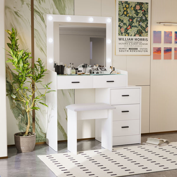 English Elm White adjustable dressing table with 5 drawers, matte finish, hidden sliding mirror, stool, lockable storage W2139P179897