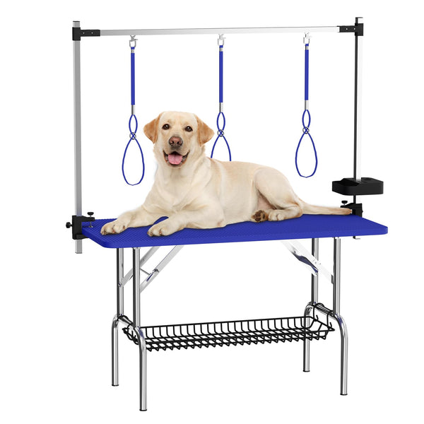 English Elm 47'' Stainless Steel Foldable Pet Grooming Station with Adjustable Arm Noose Mesh Tray Blue W3587P462638