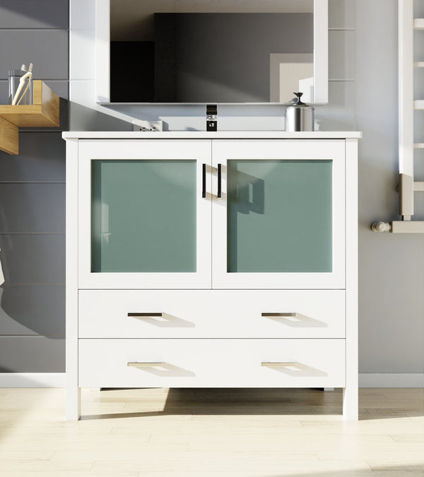 English Elm White 36 in. Bath Vanity with White Ceramic Top, Soft-Close Drawers, Cabinet Storage & Chrome Faucet B2731P260515