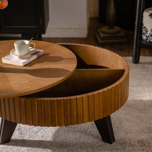 English Elm 31.5" Round Mid-century Coffee Table with Lower Shelf Solid Wood Legs and Mdf Top Natural W757P370290