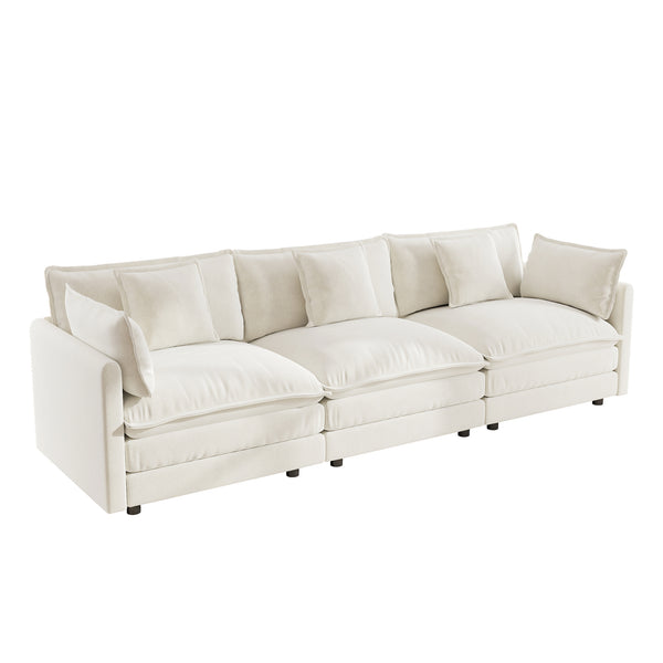 English Elm Mid-century Modern Chenille Sofa with Tapered Wood Legs and Five Accent Pillows W714S00557