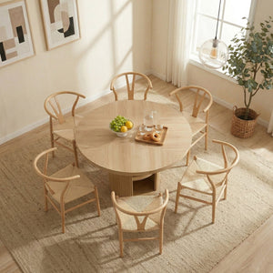 English Elm 6-piece Round Pedestal Dining Set with Woven Wishbone Chairs and Fluted Column Base Natural Wood,Wood W2920S00151