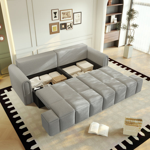 English Elm 90.2" 3-in-1 Convertible Sleeper Sofa Bed with Teddy Fabric & Storage, King-Size Comfort for Living LIGHT GREY W1885S00250