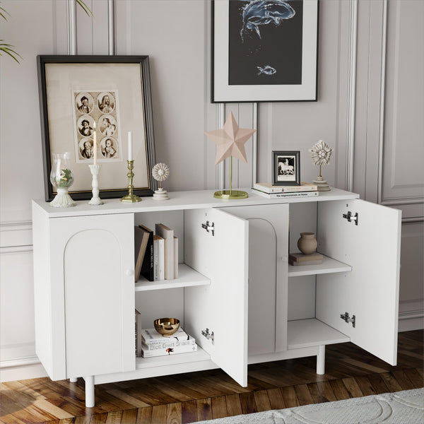 English Elm Stylish 4-Door Intaglio Storage Cabinet with Pine Legs and Solid Wood Pulls, Mid-Century Modern Console White W757P151917