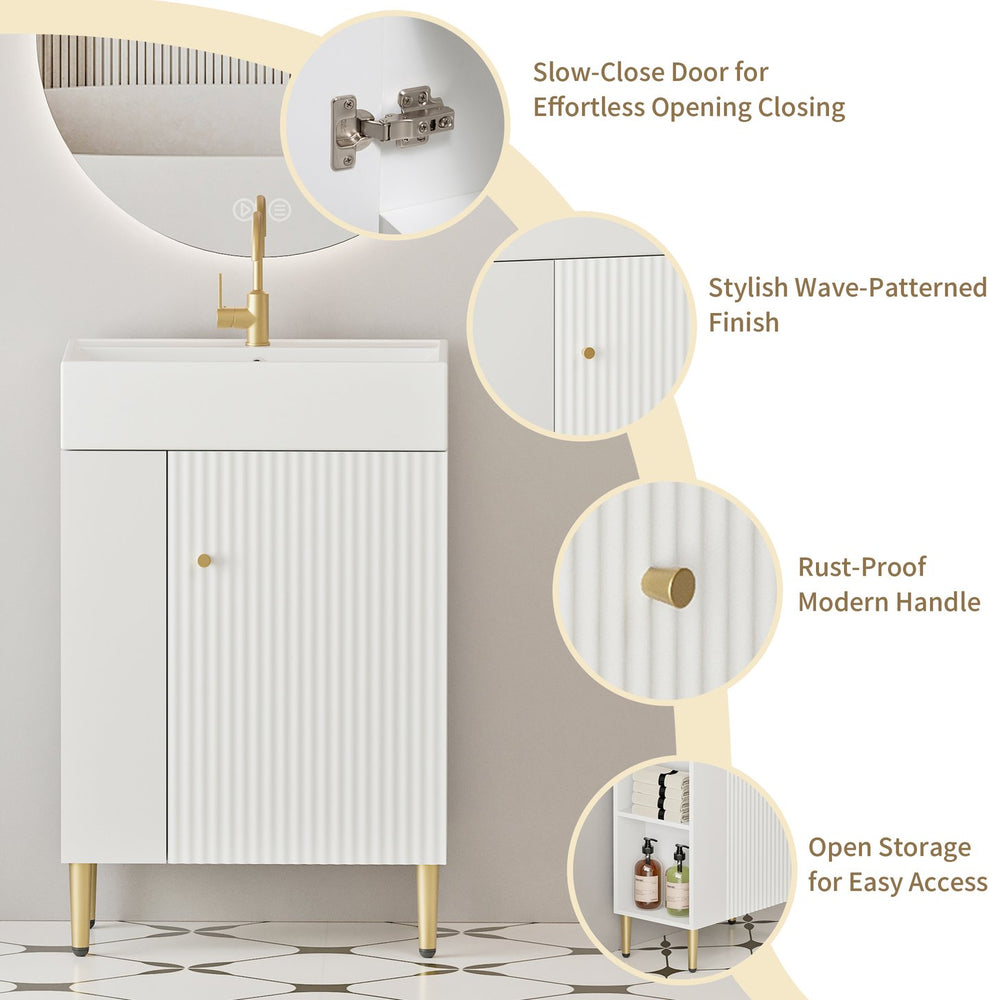 English Elm 21.6" Compact Bathroom Vanity Ceramic Sink Wave Door Open Shelf White Finish W1920S00189