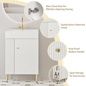 English Elm 21.6" Compact Bathroom Vanity Ceramic Sink Wave Door Open Shelf White Finish W1920S00189