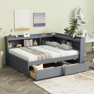 English Elm Full Size L-Shaped Bed With Bookcases, Usb Ports & Drawers - Space-Saving Grey Bedroom Solution W504S00245