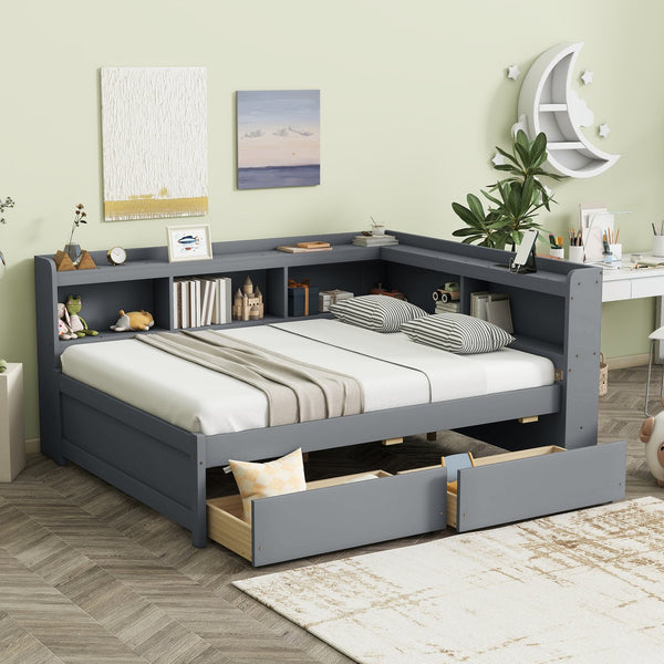 English Elm Full Size L-Shaped Bed With Bookcases, Usb Ports & Drawers - Space-Saving Grey Bedroom Solution W504S00245