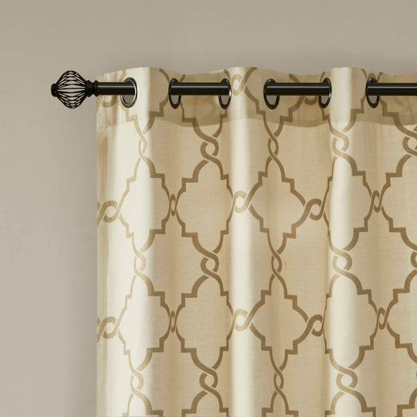 JLA Home Madison Park - Fretwork Metallic Fret Print Curtain Panel with Gunmetal Grommets — Textured Cotton-Blend Light Filter Beige/Gold MP40-3599
